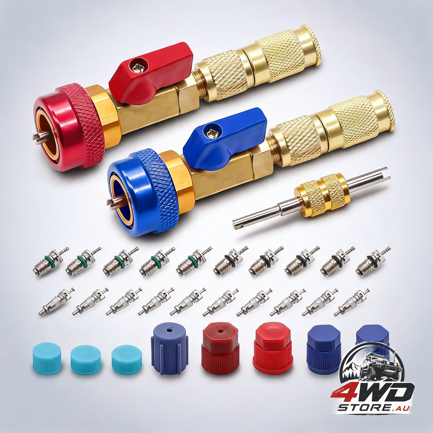 Professional car AC repair kit with Schrader valve core removal tool for R134A systems