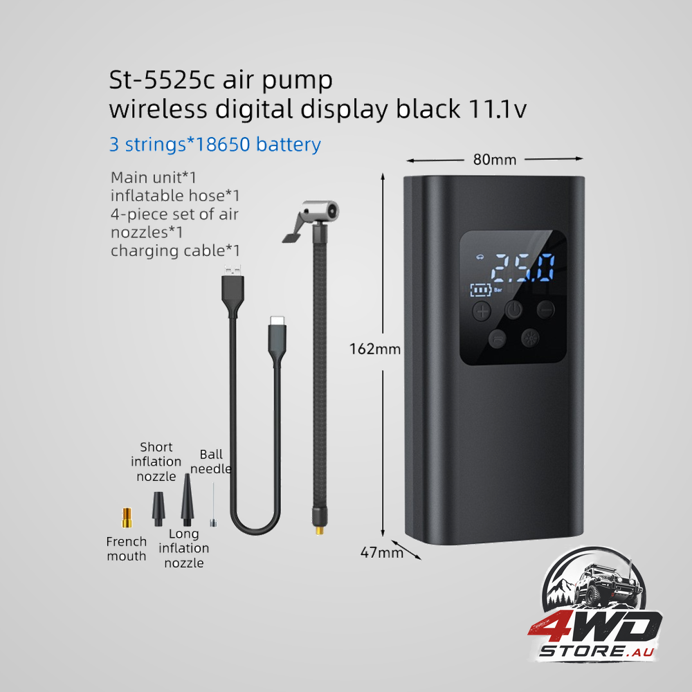 Wireless rechargeable tyre inflator with 4 modes, LCD gauge, auto-stop and LED light