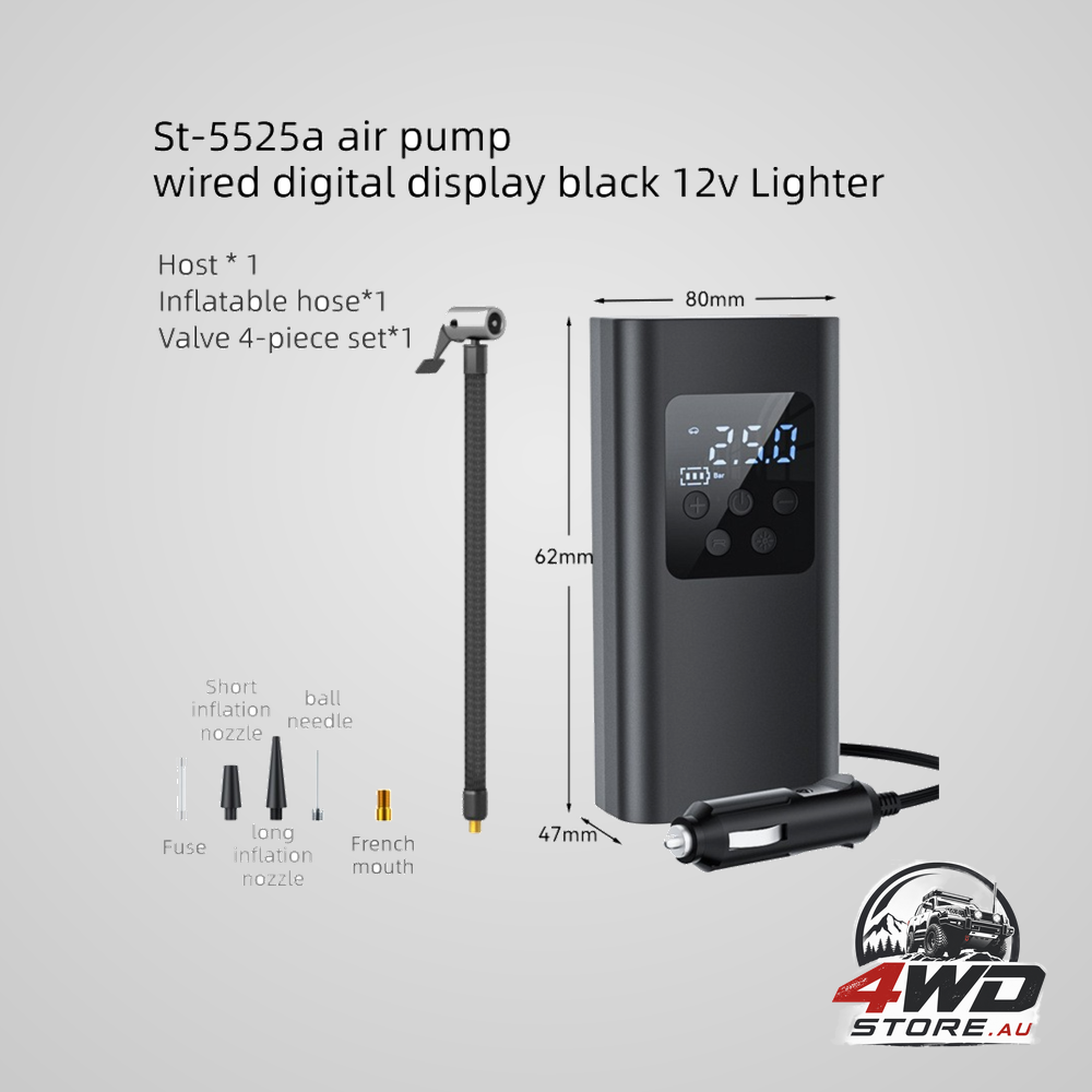 Portable 12V lighter electric tyre inflator with 4 modes, LCD gauge, auto-stop and LED light