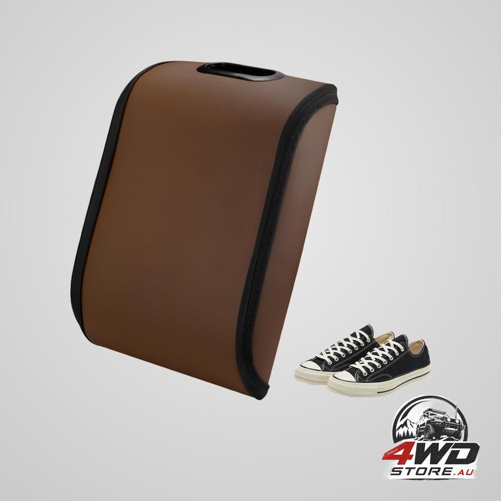 Portable leather-look car shoe storage box for seat or boot, dustproof with zipper and handle