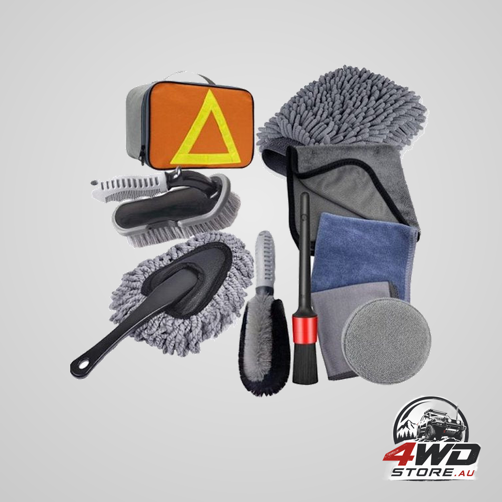 10 piece car wash and polishing set with brushes, microfibre cloths and storage box