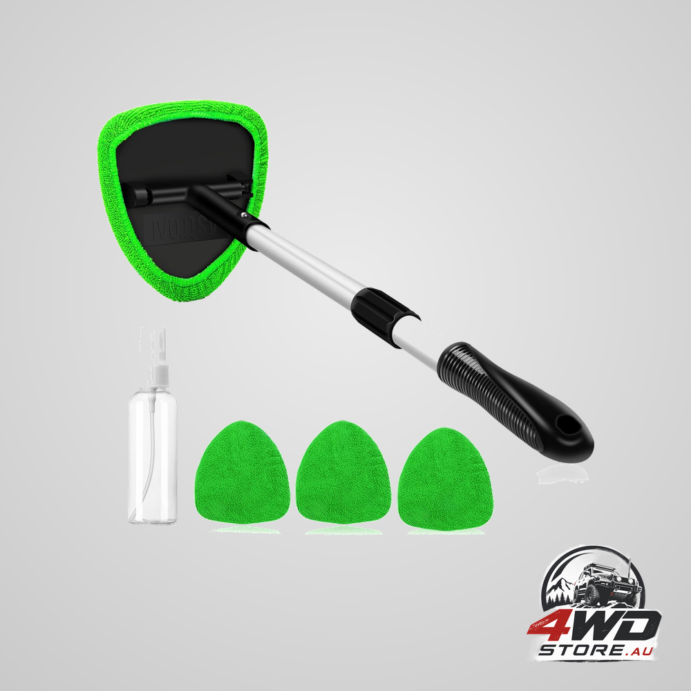 Windshield washer tool for inside with 4 reusable washable green microfibre pads