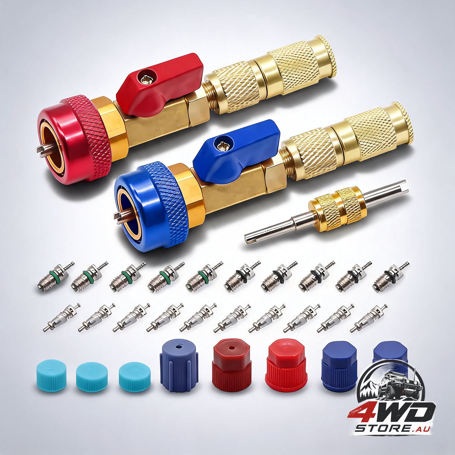 Professional car AC repair kit with quick release for R134A systems and Schrader valve tool