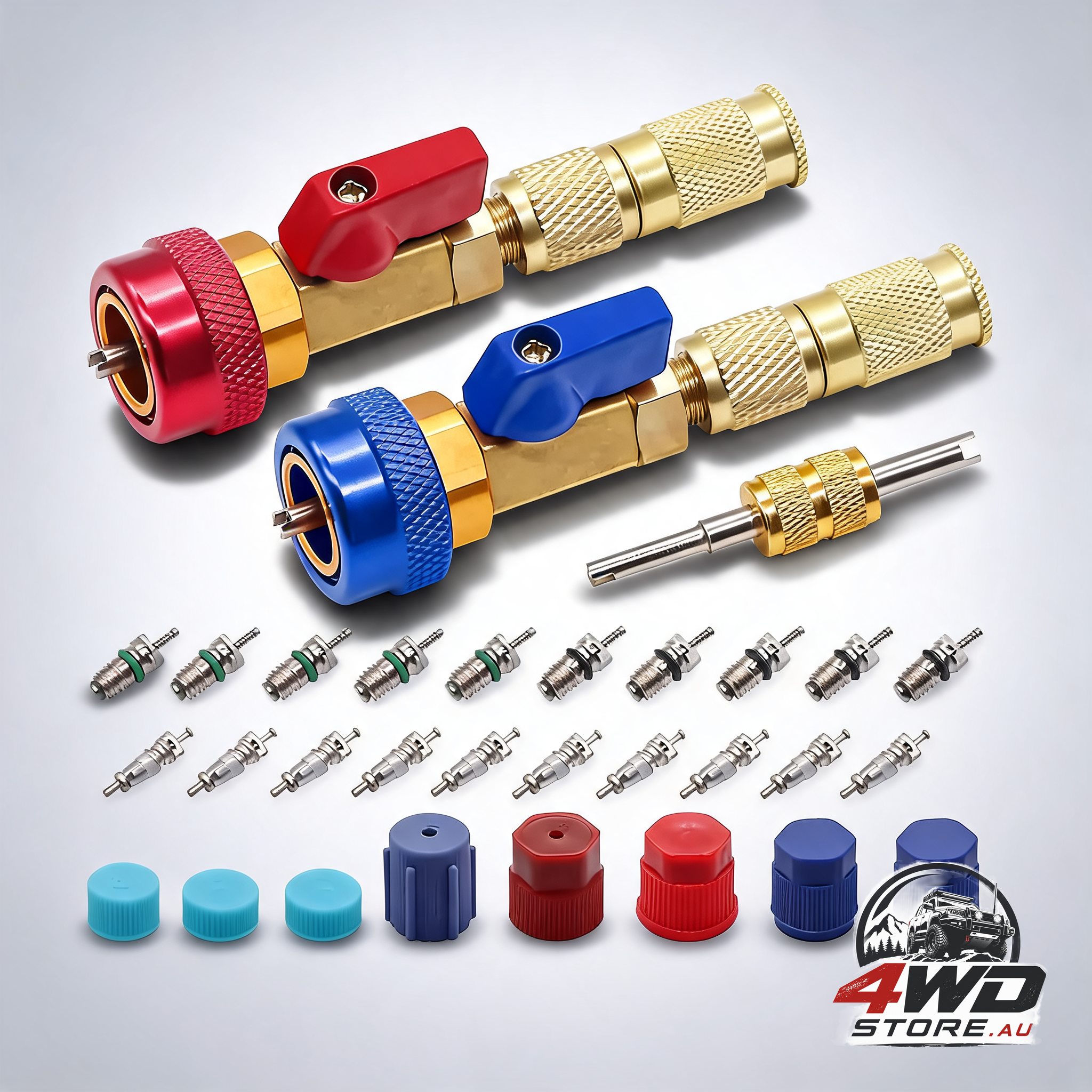 Professional car AC repair kit with quick release for R134A systems and Schrader valve tool