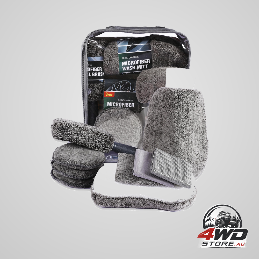 Multi-use car cleaning kit, 9-piece auto detailing set with wash mitt, wheel brush and cloths