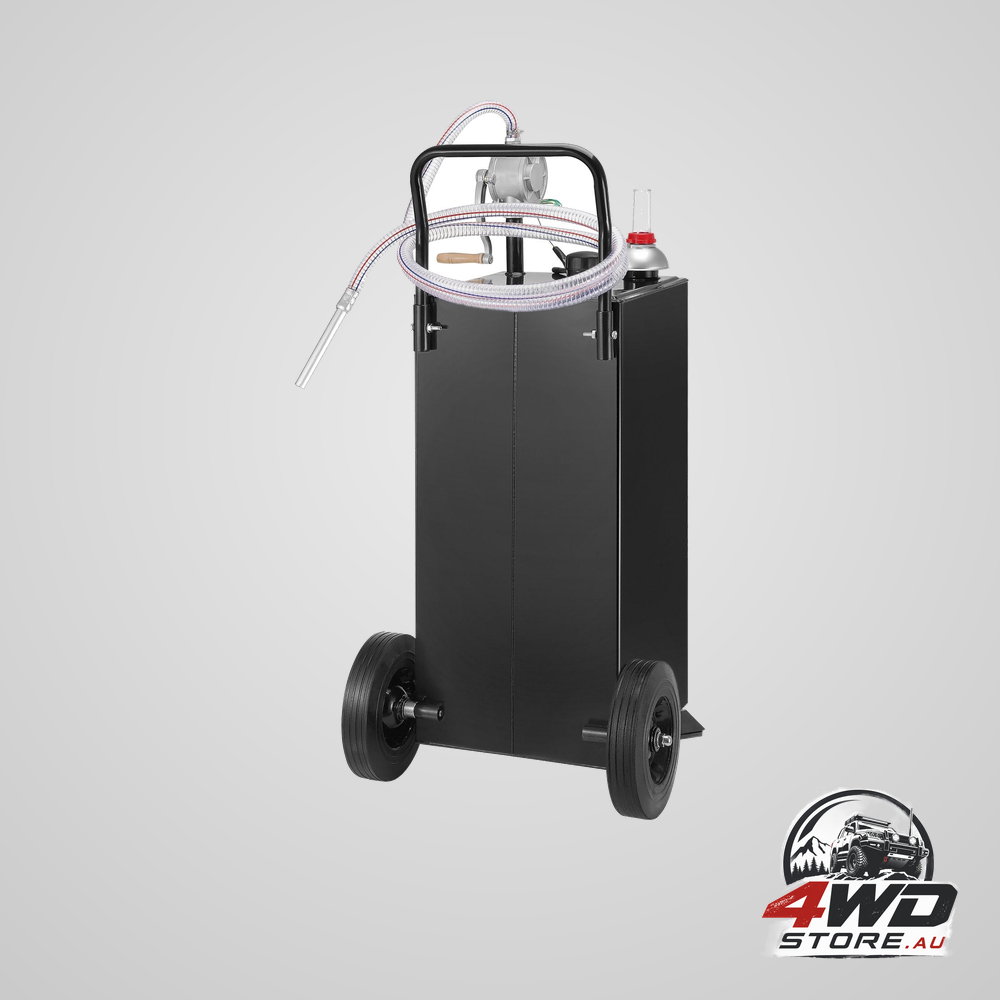 114L gas caddy fuel storage tank with wheels and transfer pump for petrol and diesel, black
