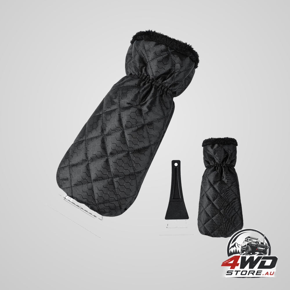 Snow removal tools, windshield ice scraper and antifreeze gloves for defrosting car windows