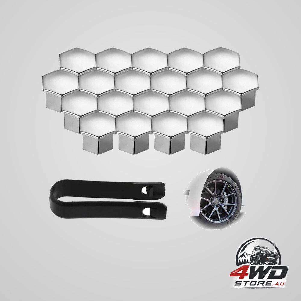 Universal wheel bolt covers 20 pieces, 17mm hexagon nut protector with puller, silver