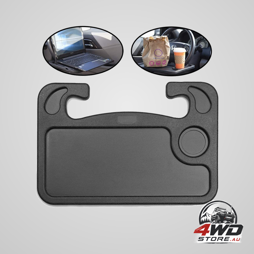 Portable car steering wheel tray, 2-in-1 dual sided laptop desk and food table with cup holder
