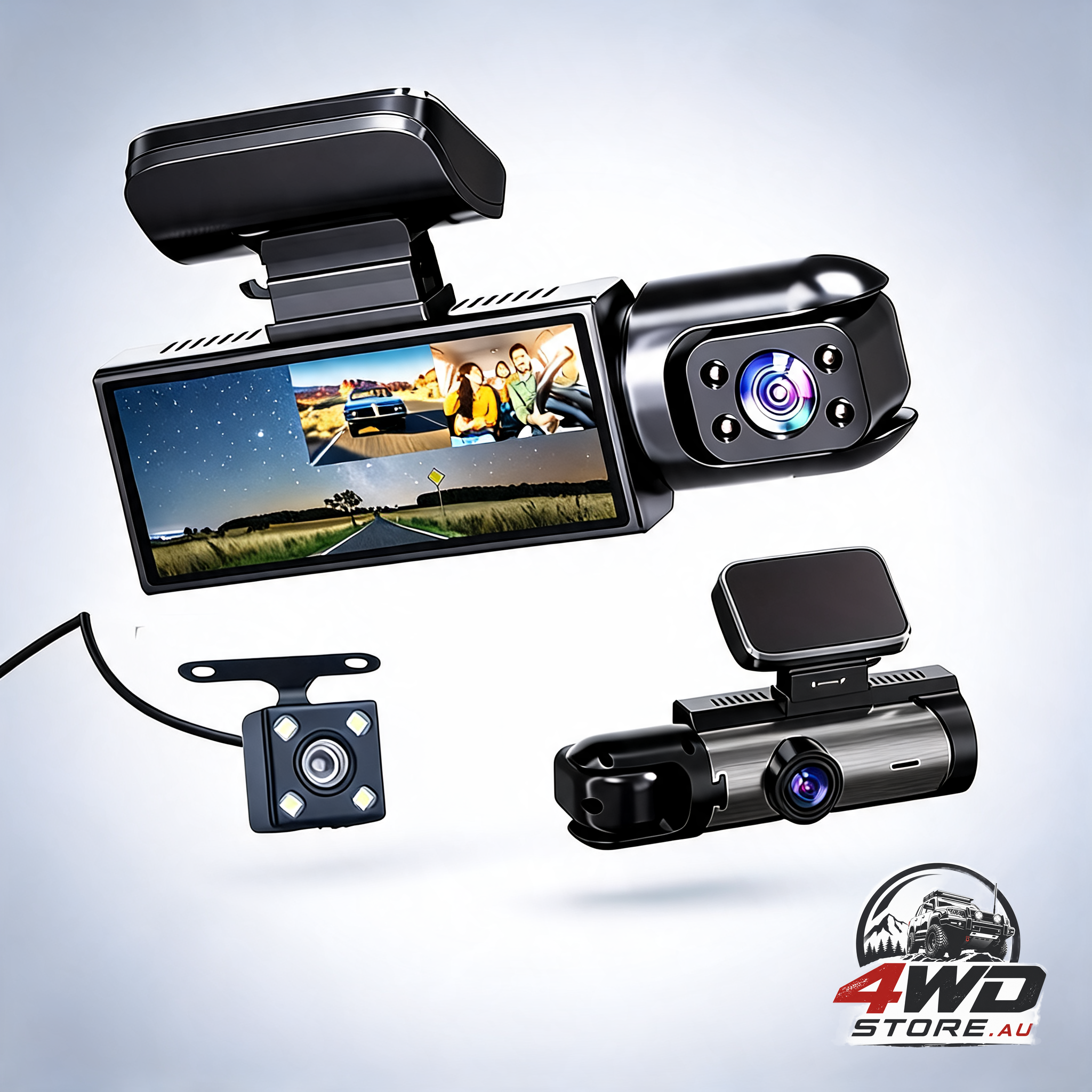 Triple lens dash cam with 32GB storage, 1080P HD front, cabin and rear 170 degree coverage