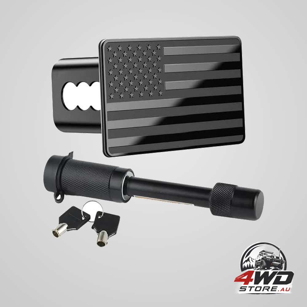 American flag metal tow hitch cover for 2 inch receivers with 5/8 inch pin hitch lock