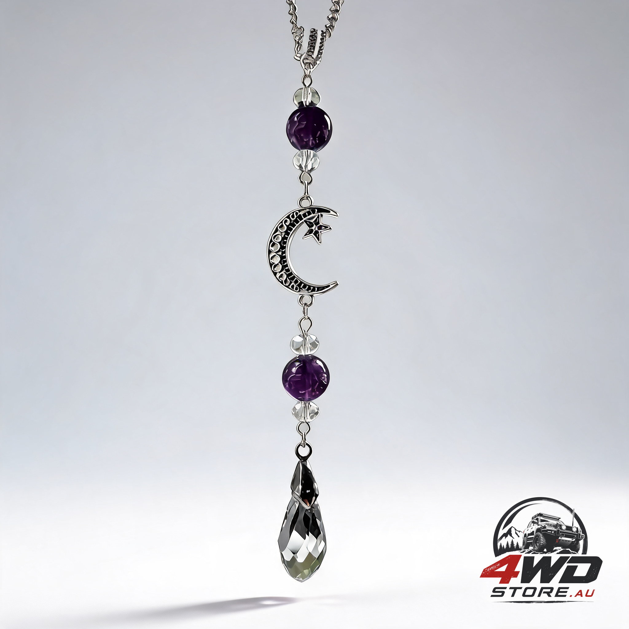 Moon and star rear view mirror charm with amethyst crystal beads, boho car hanging ornament