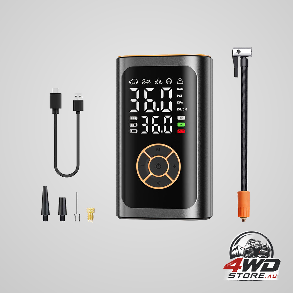 Wireless tyre inflator with digital display, portable air compressor for cars and bikes, black