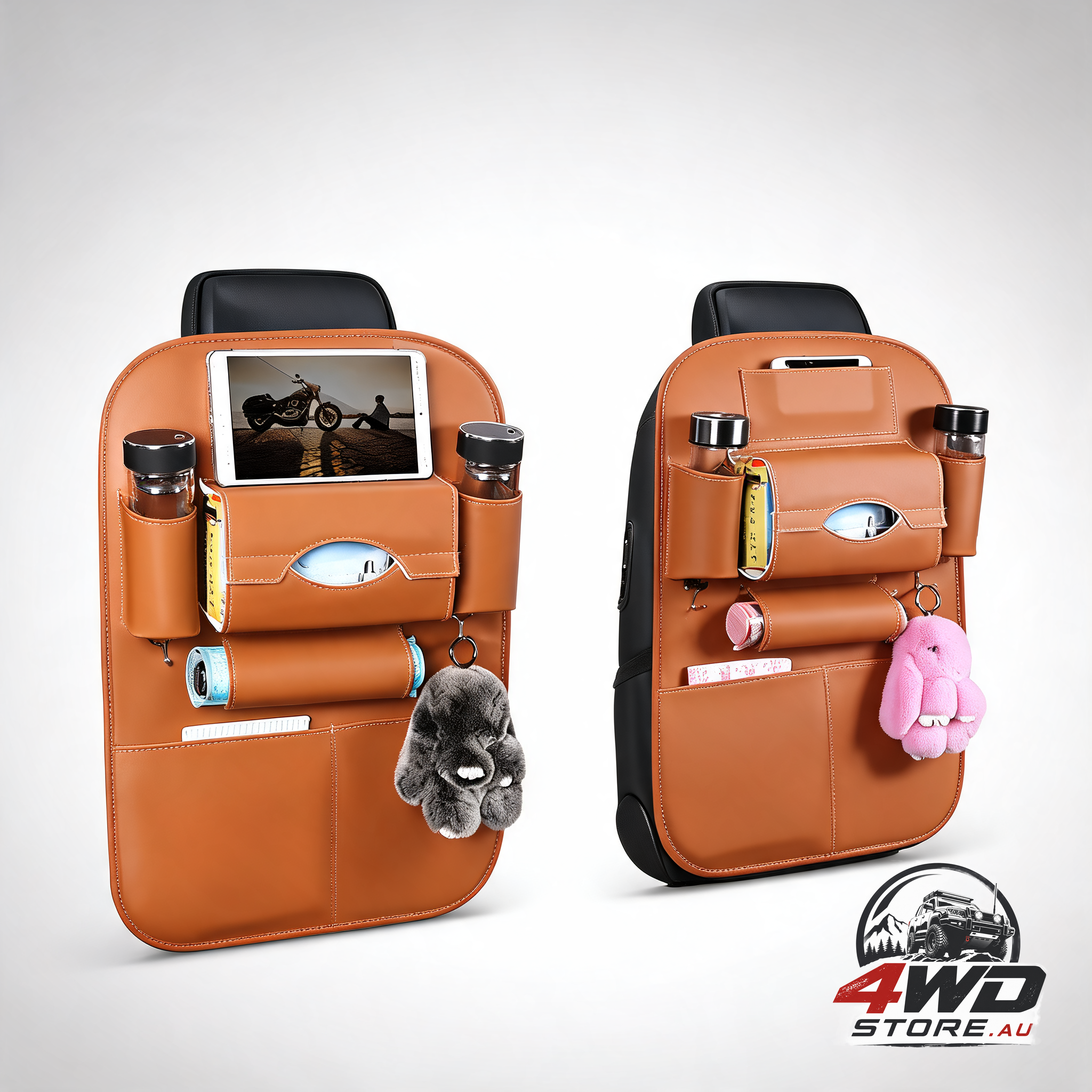 2pcs PU leather car back seat organiser kick mat with tablet holder and multi-pocket storage