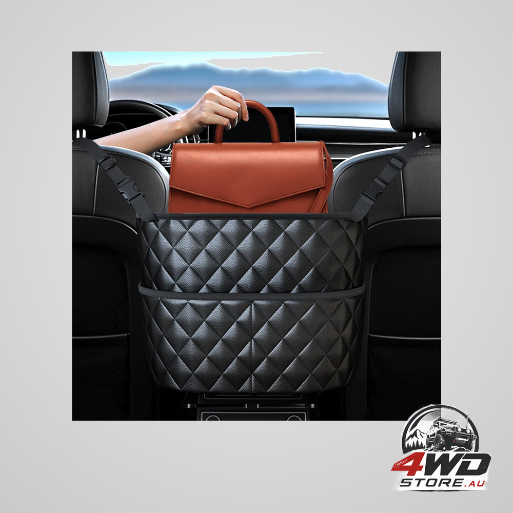 Car seat storage bag: PU leather organiser with hooks – pet barrier, safe driving storage for wallets/phones (black)