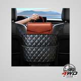 Car seat storage bag: PU leather organiser with hooks – pet barrier, safe driving storage for wallets/phones (black)