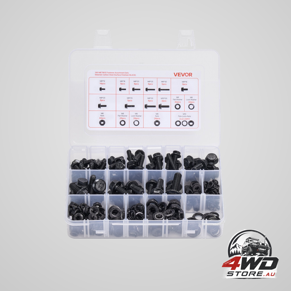 280 Pcs bolts and nuts assortment kit, metric machine screws and flat washers, alloy steel M6/M8/M10 multiple size, for