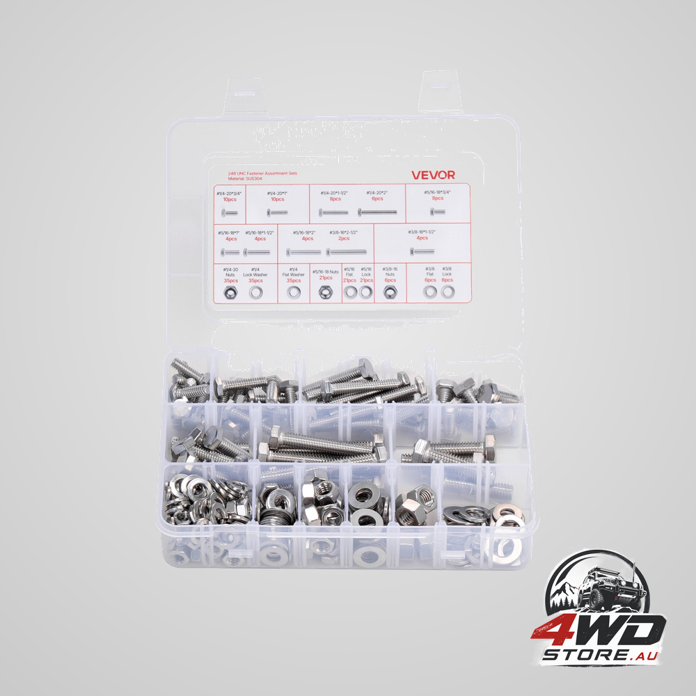 246 Pcs bolts and nuts assortment kit, imperial screws and flat washers, stainless steel 1/4-20,5/16-18,3/8-16, spring lock