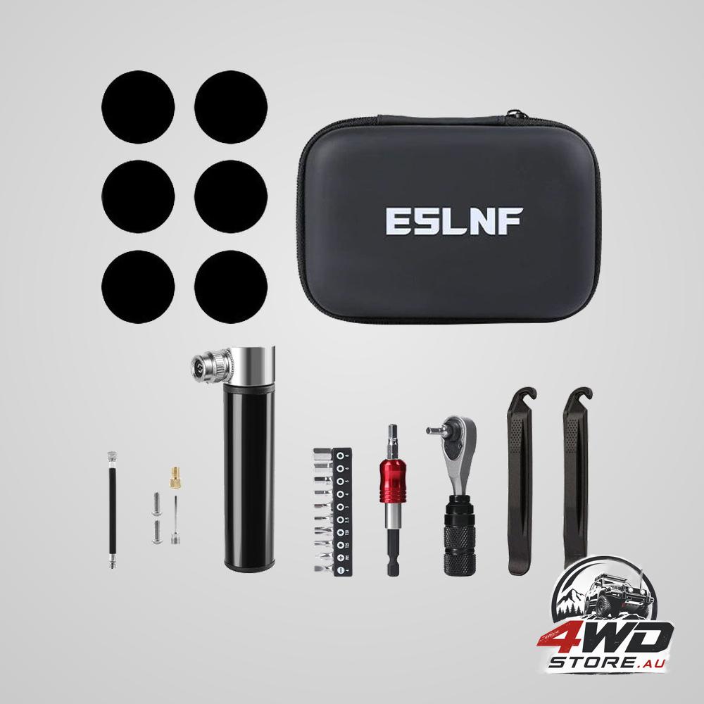 Compact bicycle ratchet tool kit with tyre patch & black Mini pump