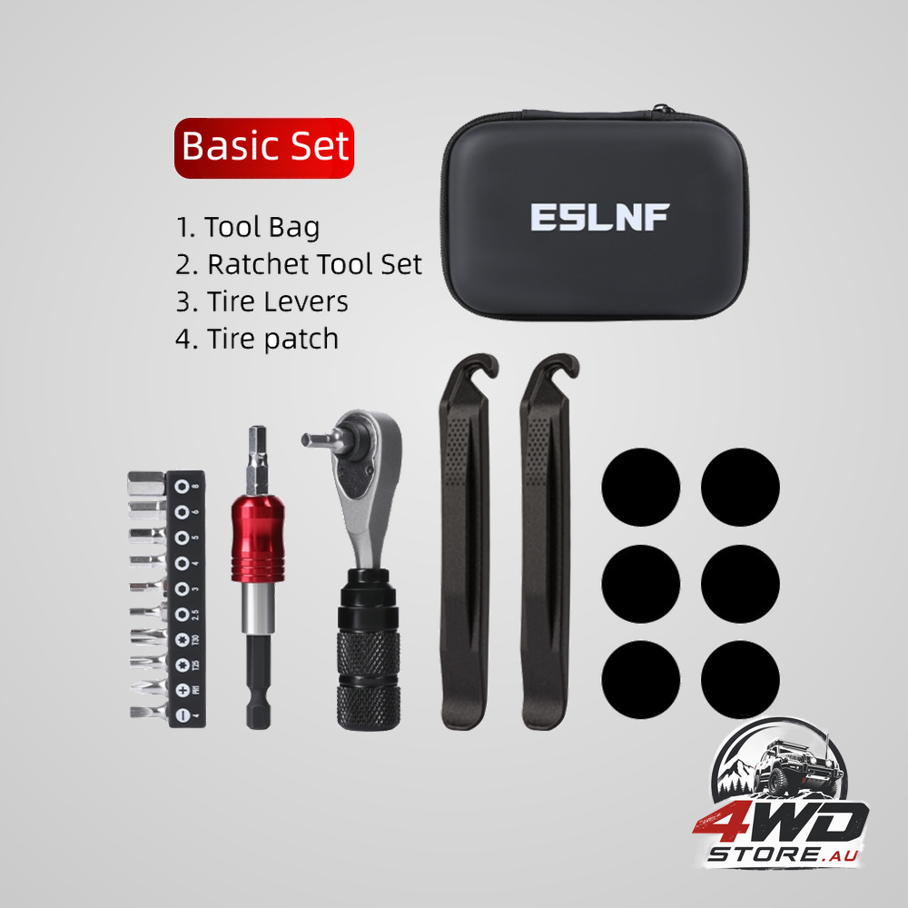 Compact bicycle ratchet tool kit with tyre patch