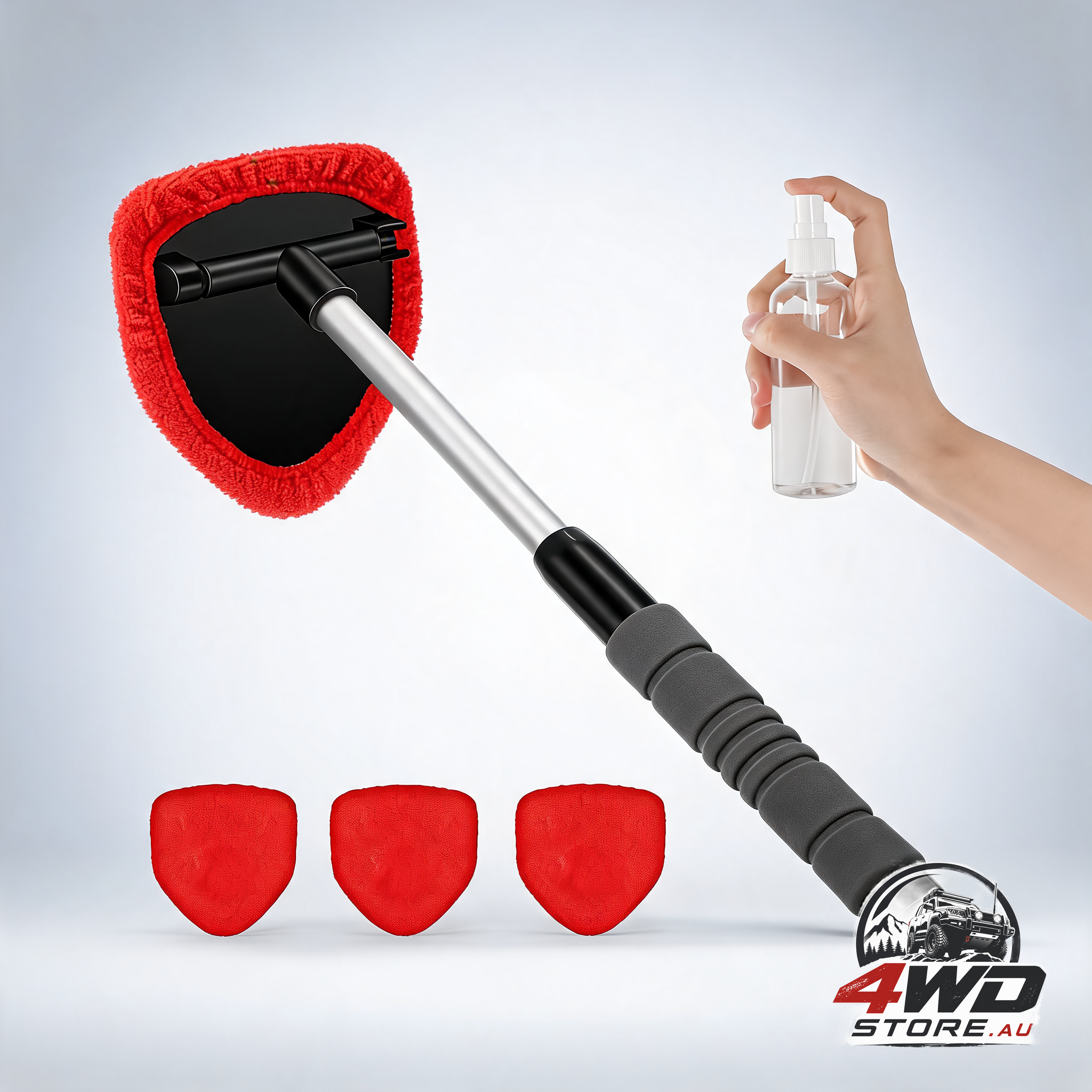 Car windshield cleaner tool, inside with 4 reusable and washable microfiber pads and extendable handle, moisture removal tool