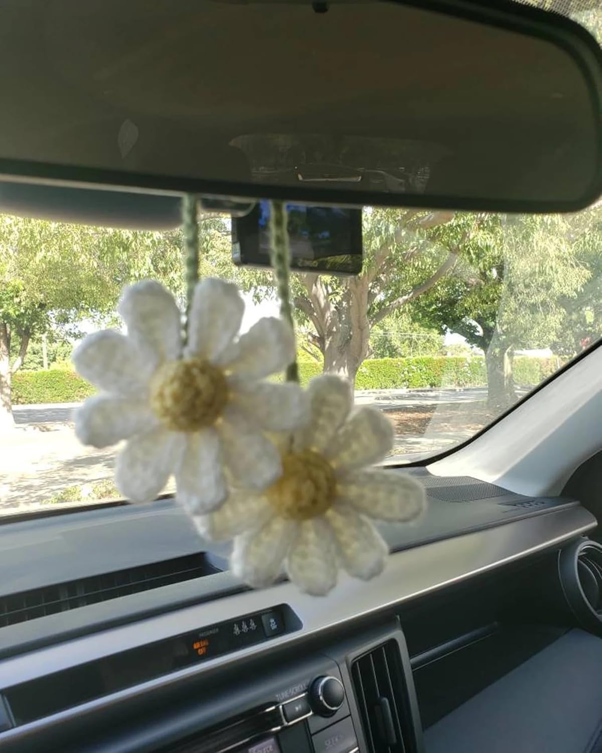 Crochet daisy rearview mirror charm — view 2