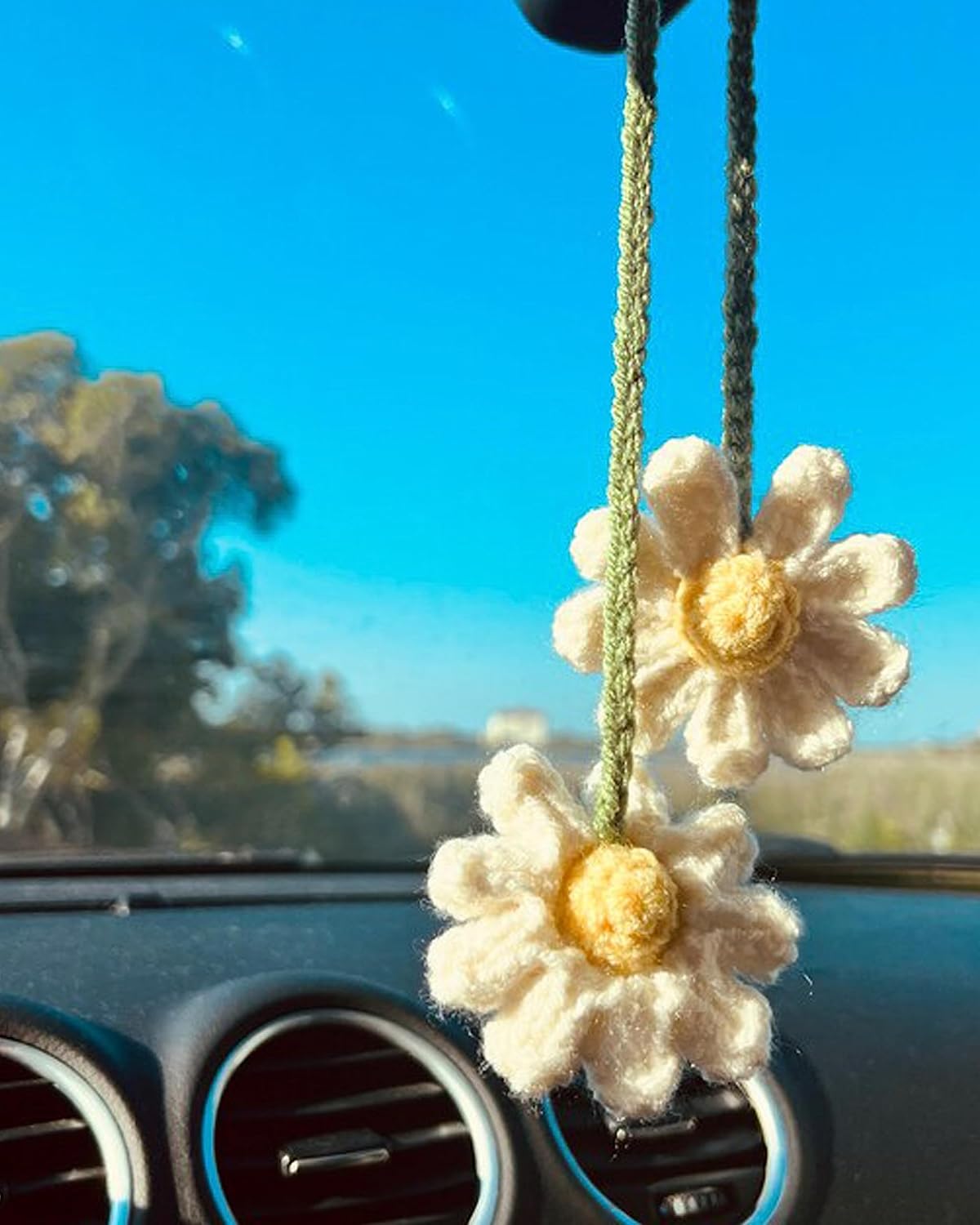 Crochet daisy rearview mirror charm — view 7
