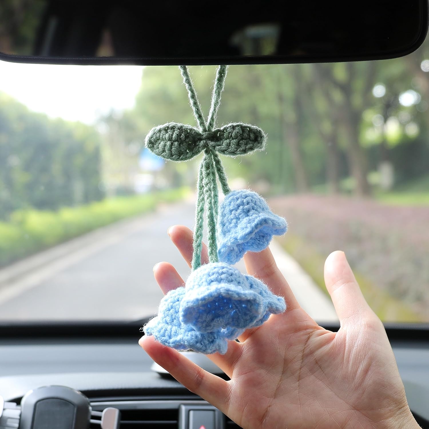 Lily flower knitted car mirror charm — view 9