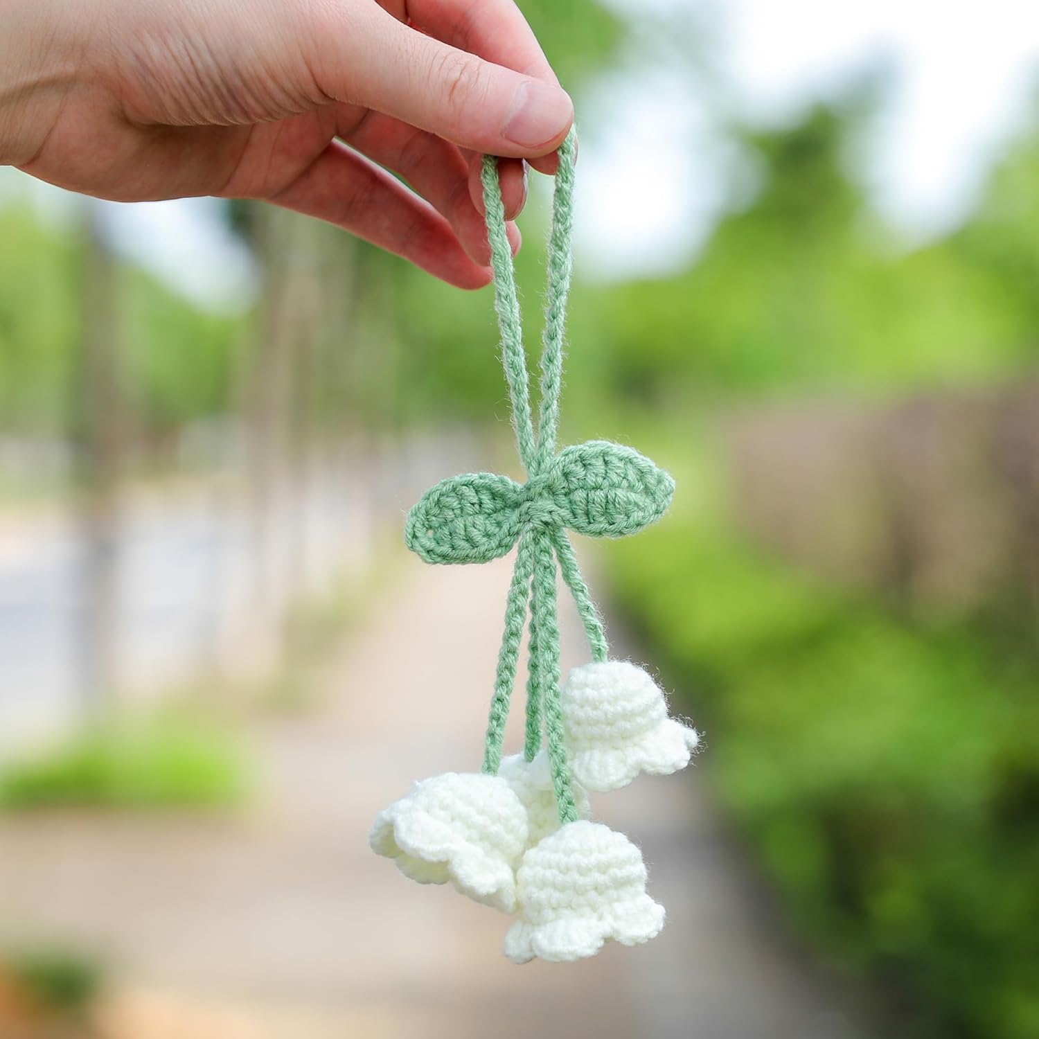 Lily flower knitted car mirror charm — view 3