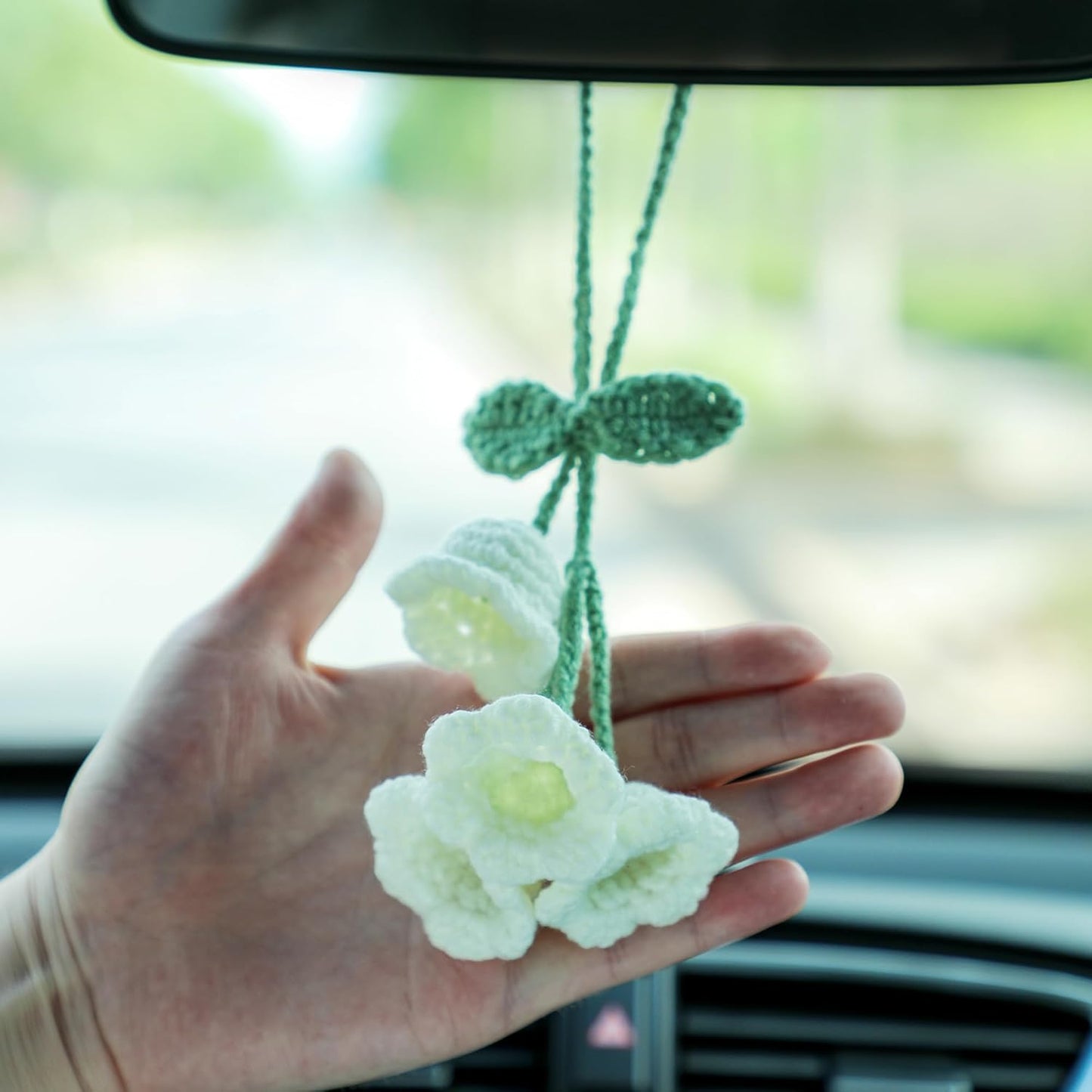Lily flower knitted car mirror charm — view 5