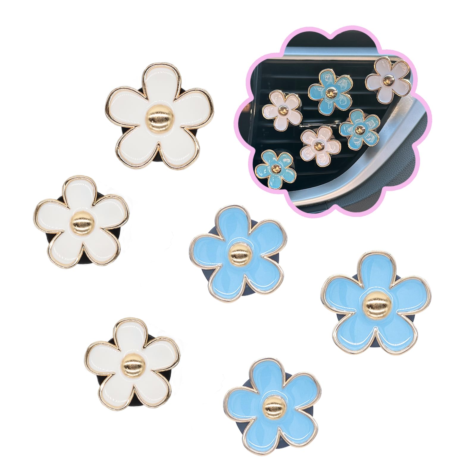 6 piece blue white daisy car vent clips — view 2