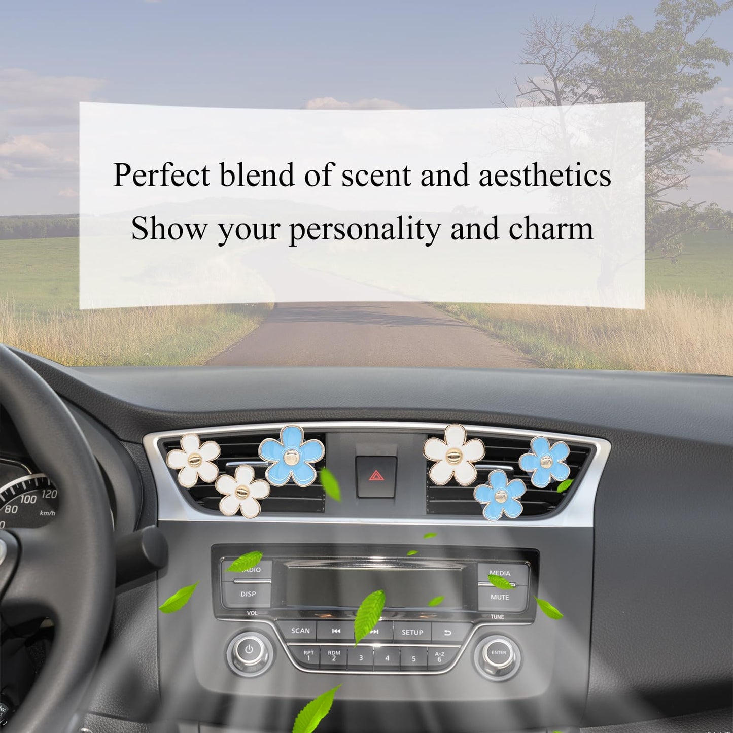 6 piece blue white daisy car vent clips — view 3