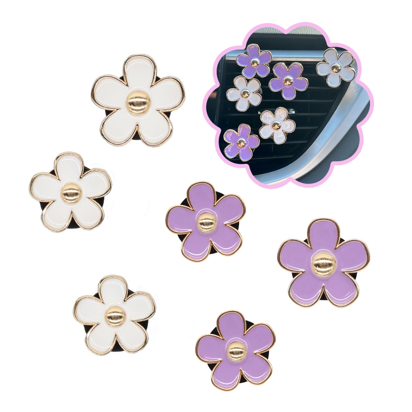 6 piece purple white daisy car vent clips — view 2