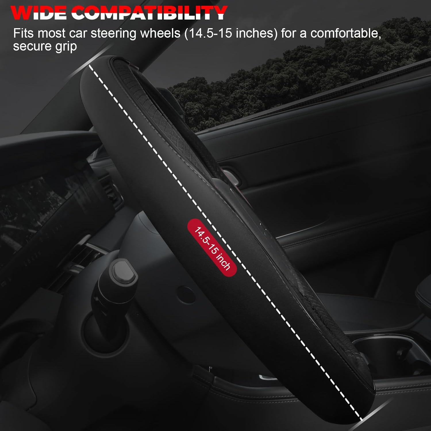 Microfibre leather car steering wheel cover, black — view 3