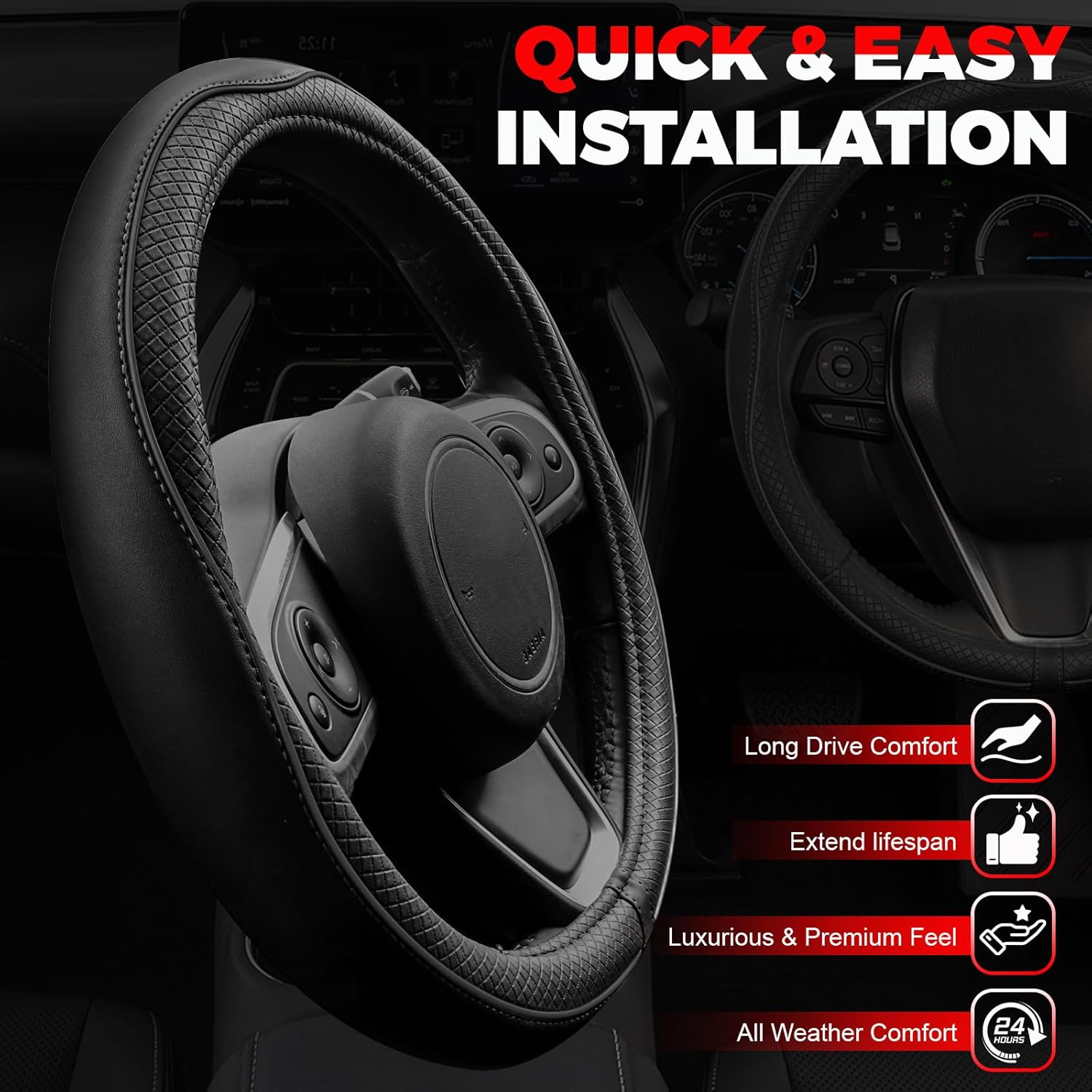 Microfibre leather car steering wheel cover, black — view 5