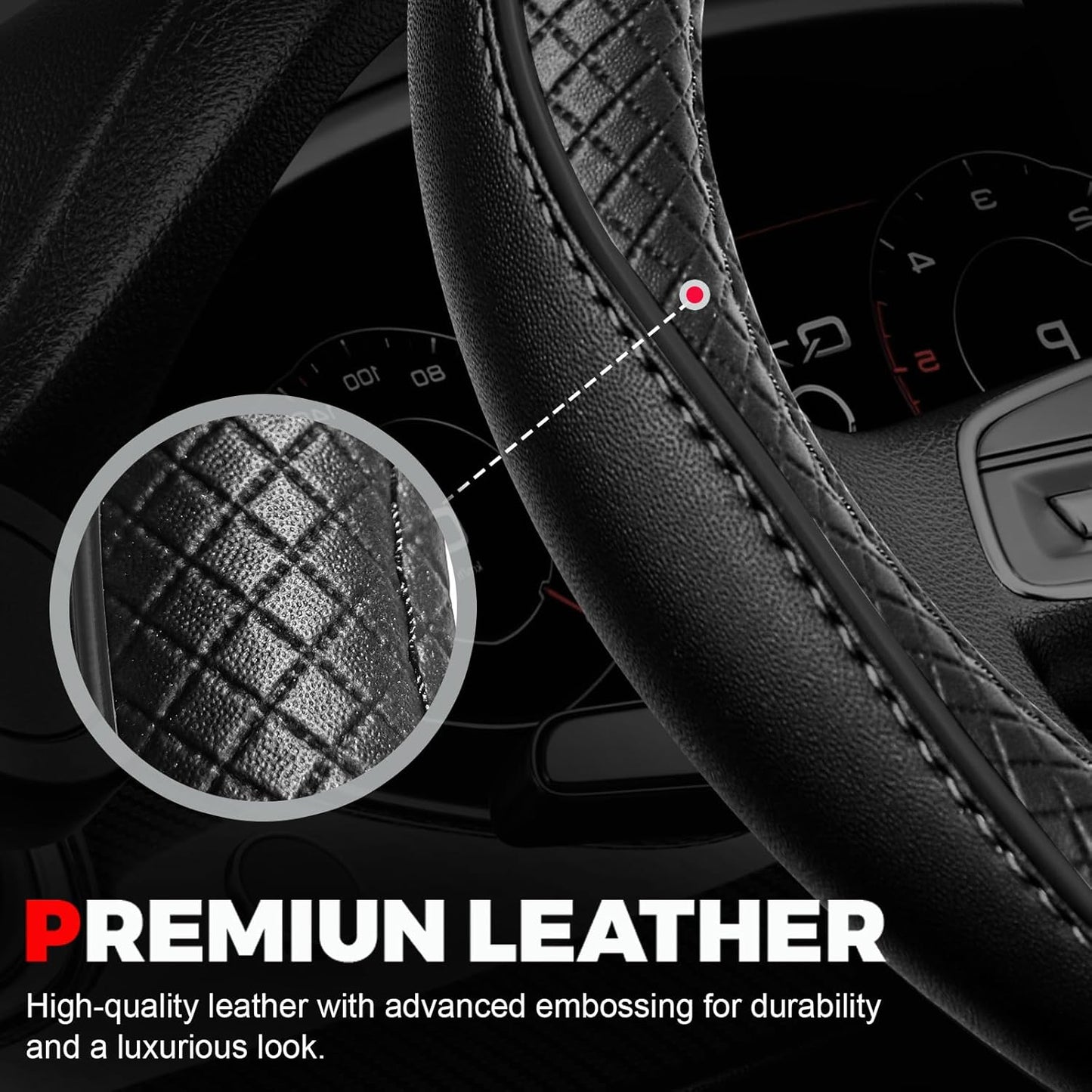 Microfibre leather car steering wheel cover, black — view 6