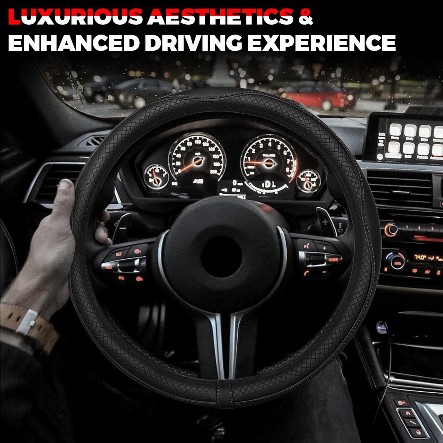 Microfibre leather car steering wheel cover, black — view 8