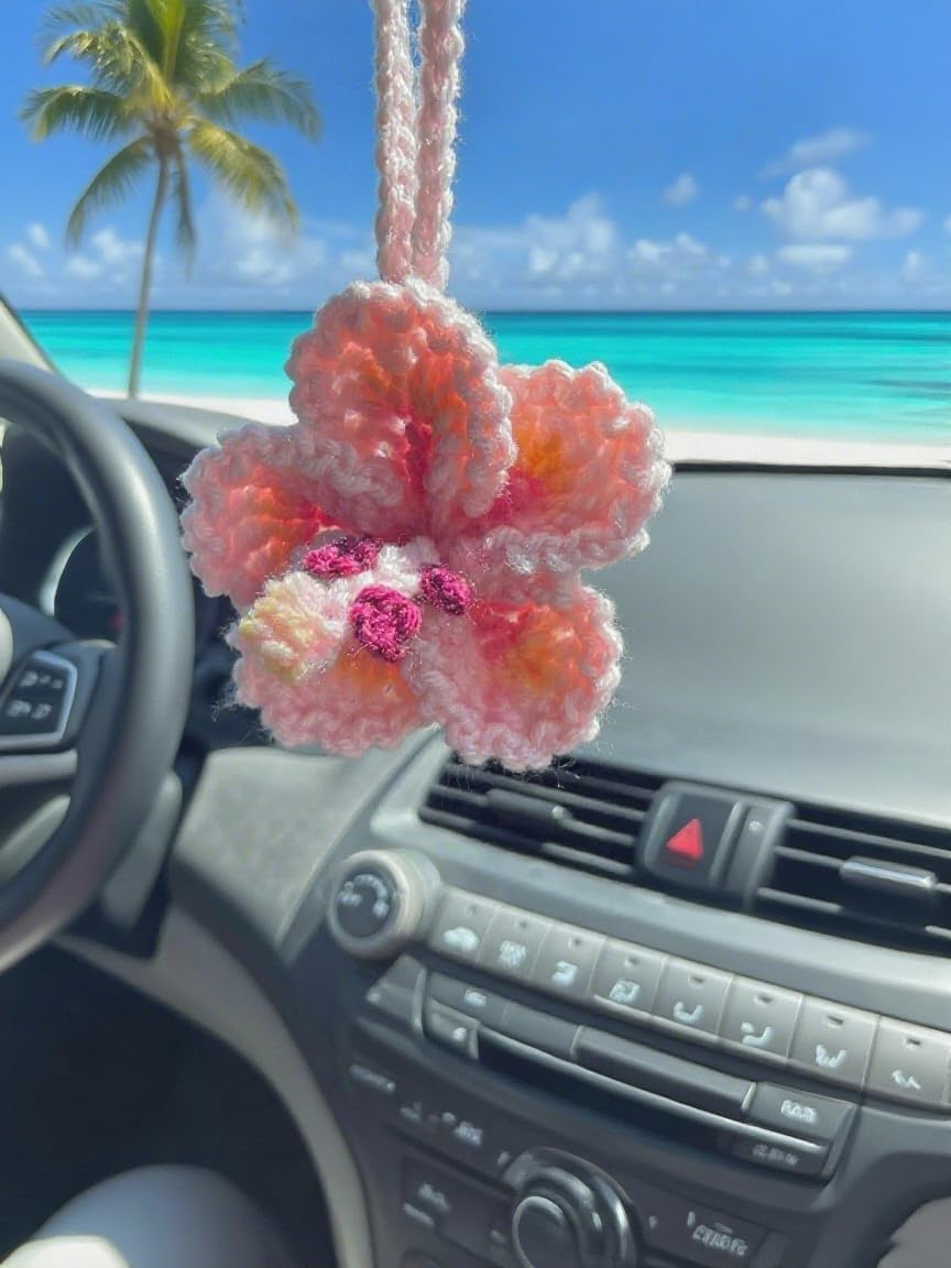 Hibiscus crochet car mirror charm — view 2