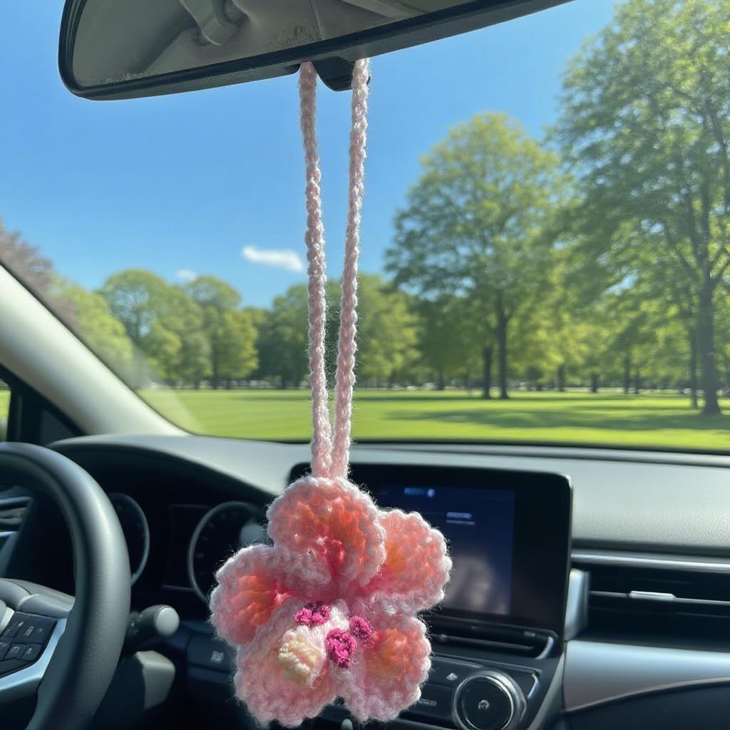 Hibiscus crochet car mirror charm — view 6