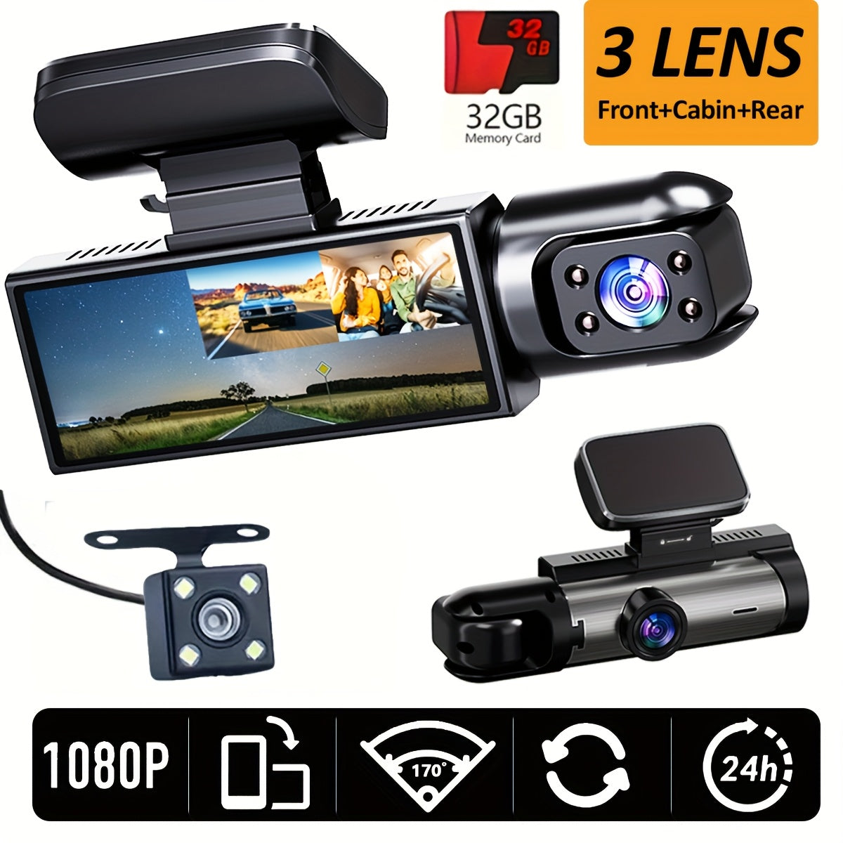 Triple lens dash cam 32GB 1080P HD — view 2