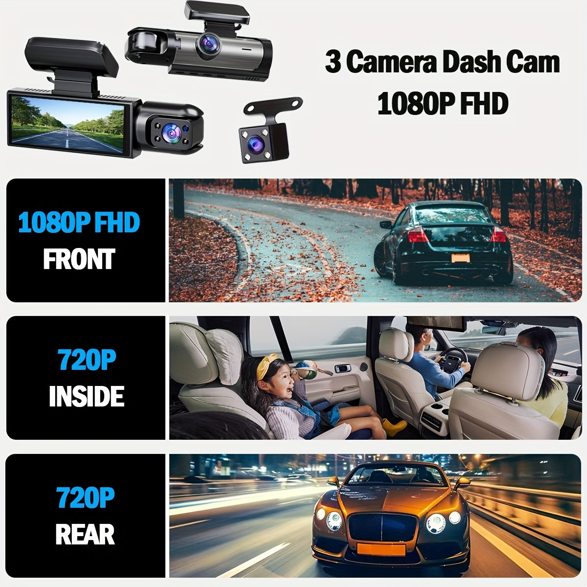 Triple lens dash cam 32GB 1080P HD — view 4
