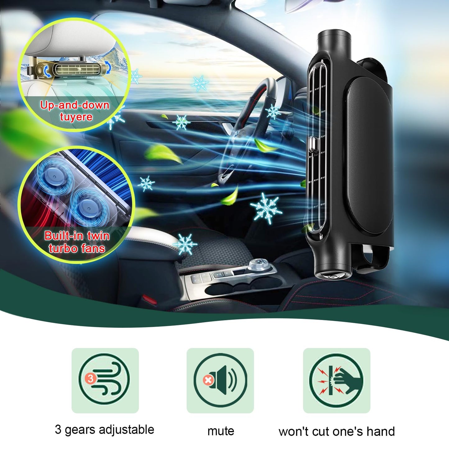 Black USB car seat cooling fan 3-speed — view 3