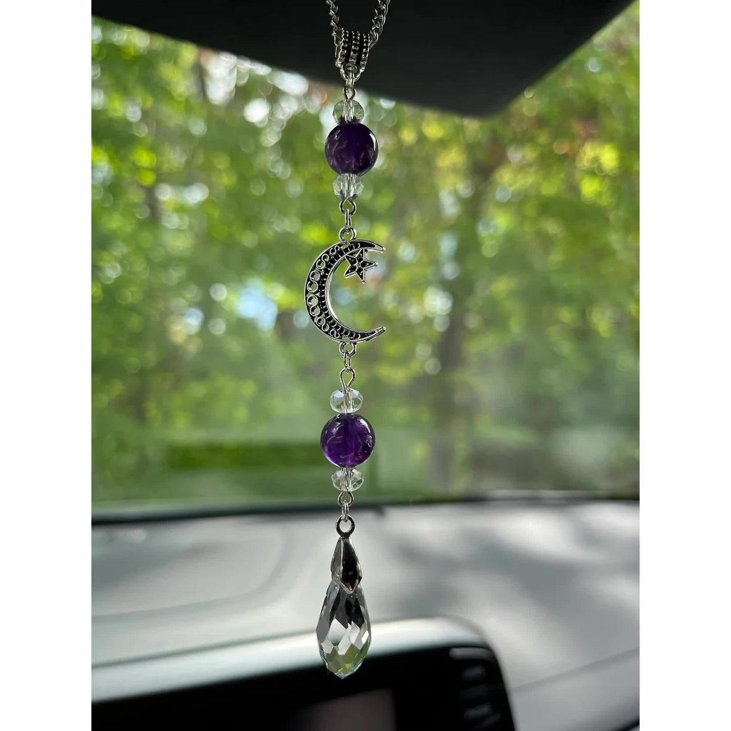 Moon and star amethyst car mirror charm — view 2