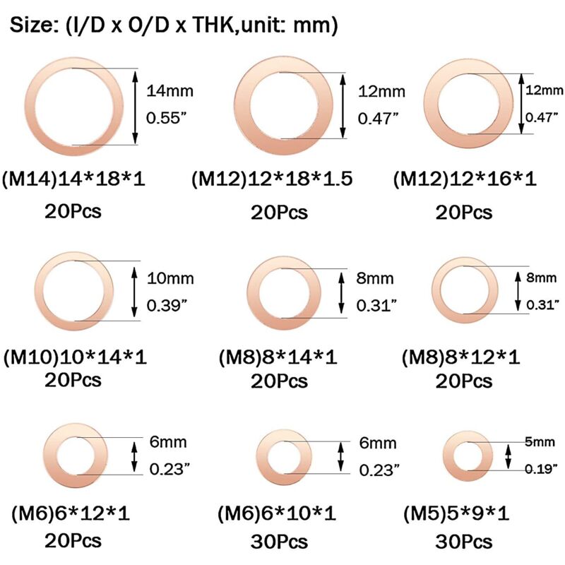 200 pcs copper flat washers M5 to M14 — view 4