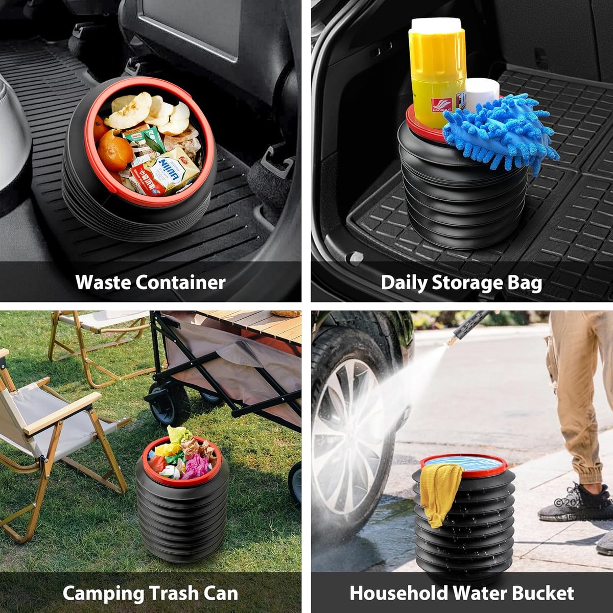 Foldable 4L car trash can black — view 4