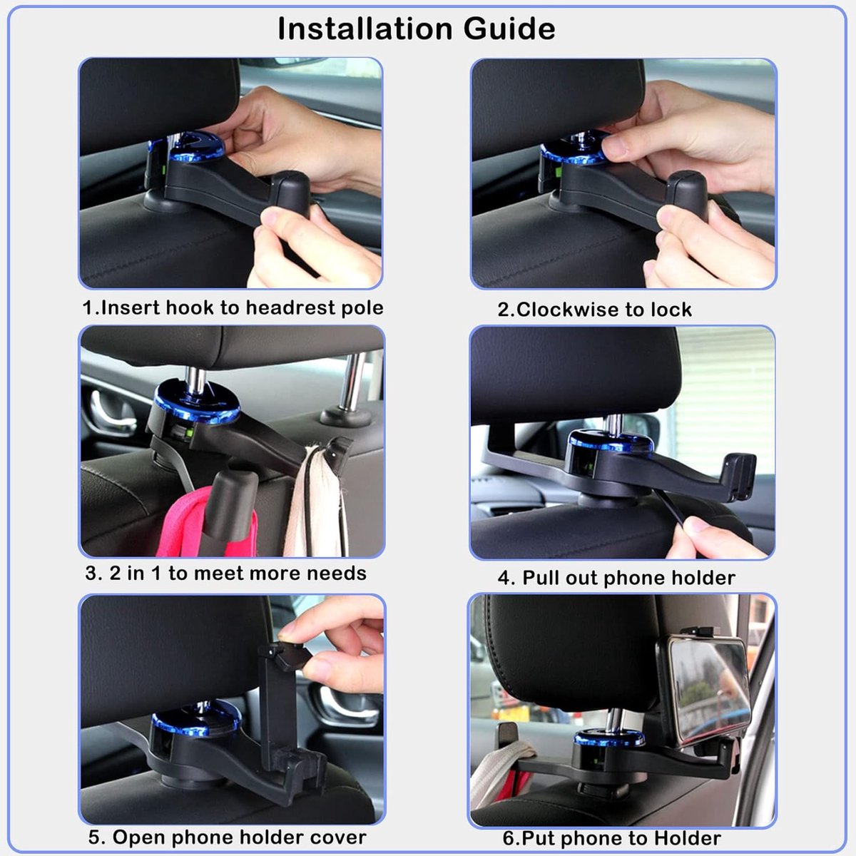 2-in-1 car headrest hooks black 2 pieces — view 4
