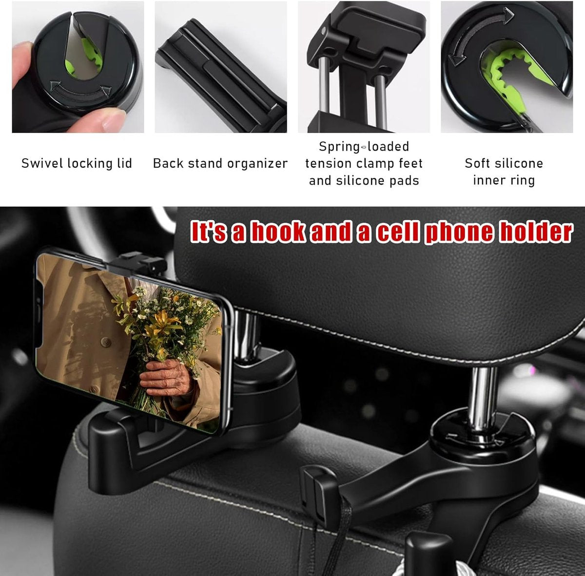 2-in-1 car headrest hooks black 2 pieces — view 5