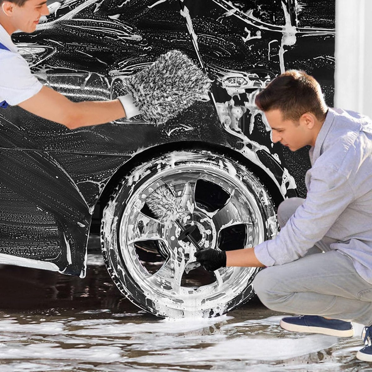 Car wheel rim brush with wash glove black — view 4