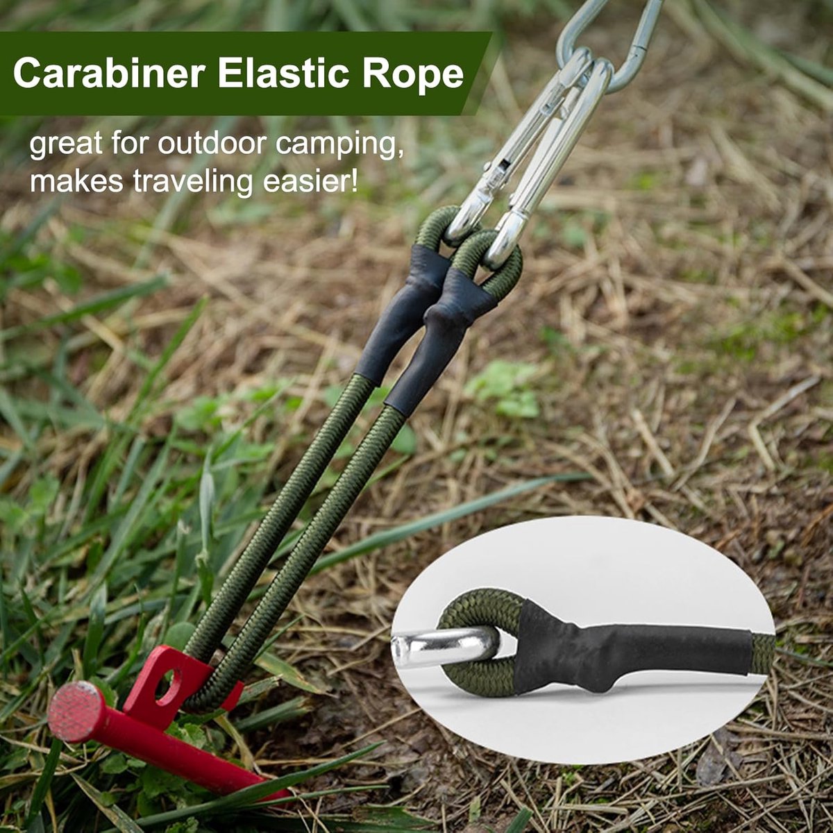 Elastic bungee cord with carabiner green — view 3