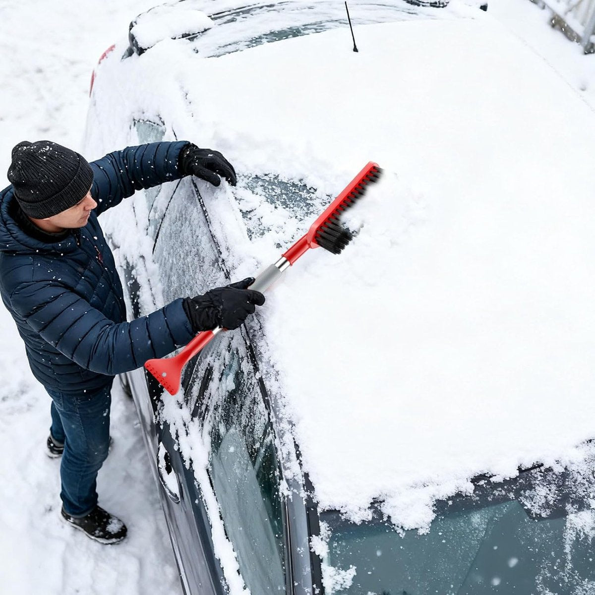 Long handle car ice scraper snow brush red — view 4